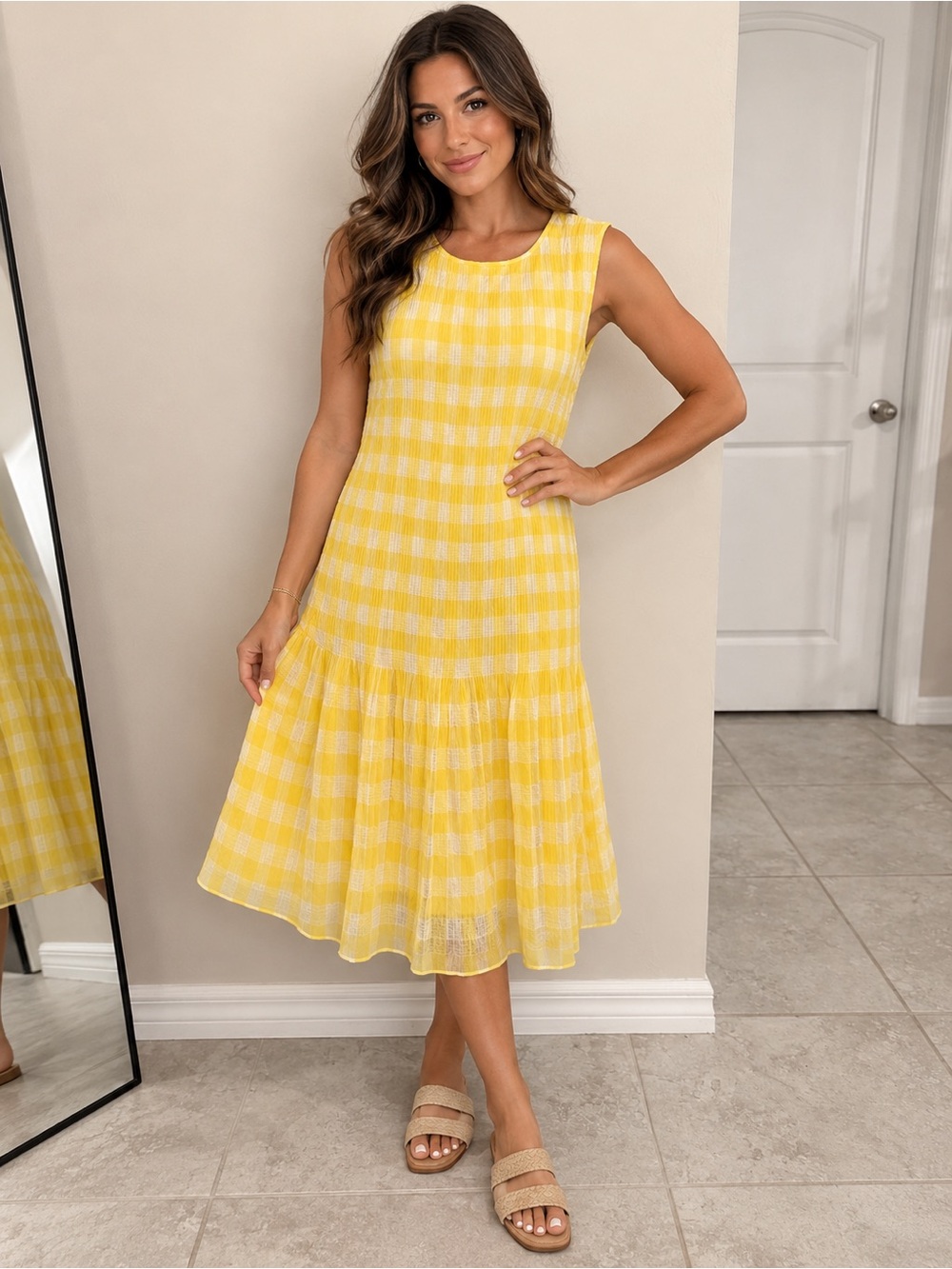 DKNY Women’s Size 10 Yellow White Plaid Sleeveless Drop Waist Dress